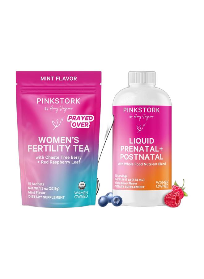 Pink Stork Fertility & Prenatal Support Bundle – Organic Fertility Tea for Hormone Balance + Liquid Prenatal Vitamins for Conception, Pregnancy & Postpartum, 2-Pack Bundle - Image 1
